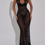 Shine All Night Sheer Sequin Cowl Neck Halter Maxi Dress