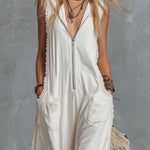Vintage Casual Western Hooded V-neck Front Zip Lace Trim White Cotton Jumpsuit