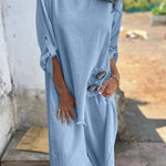 Jamilah Linen Blend Ring Detail Midi Blouse and Elastic Waist Pocketed Loose Pants Set