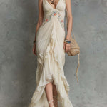 Boho-Vintage Elegant Embroidered Chiffon Ruffle Maxi Dress