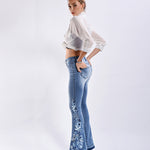 Stretch Embroidered Print Denim Wide Leg Trousers