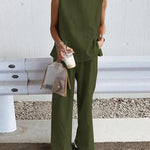 Nadorine Casual Loose Sleeveless Slit Solid Color Vest Trousers Pants Set