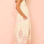 Paradise Flowers Linen Blend Unique Print Pocketed Strap Loose Maxi Dress