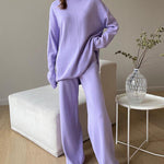Solid Color Knitted Pullover Turtleneck Sweater Set Loose Top + Pants
