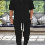 KZZ Men's Textured Drop-Shoulder Collar T-Shirt Two-Piece Set