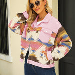 Nadorine Aztec Lapel Long Sleeve Retro Western Denim Jacket