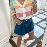 V Neck Button Up Striped Ribbed Knit Sweater