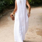 V Neck Pocket Loose Long Boho Dress Summer Sleeveless Tank Beach Dress