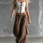Stylish Sporty White Tank Top And Brown Sweatpants Set