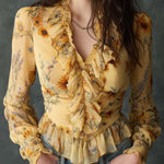 Boho Vintage Floral Ruffle Chiffon Blouse