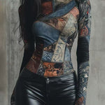 Irregularity Long Sleeves Contrast Color Printed Split-Joint Half Turtleneck Blouses&Shirts Tops
