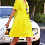 Loose Short Sleeves Pockets Solid Color Notched Collar Mini Dresses