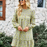 Long Sleeve Dress Boho Floral Ruffle High Neck Mini Dress Casual Loose Pleated Flowy Dresses