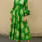 Flared Sleeves High Waisted Flower Print Pleated Lapel Maxi Dresses