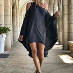 Stylish Loose High-Low Batwing Sleeves Black Midi Dress