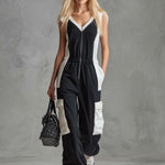 Casual Retro Sporty Black And White Color-blocked V-neck Half-zip Jumpsuit