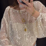 Shimmering Sequin Openwork Lantern Sleeve Blouse