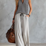 Sporty Retro Black And White Striped Half-Zip Sleeveless T-Shirt And Wide-Leg Pants Set