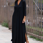 Solid Color Long Sleeve V-Neck Comfy Dresses