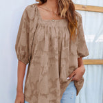 Nadorine Quare Neck Babydoll Tops 3/4 Puff Sleeve Lace Blouse Summer Floral Textured Shirts