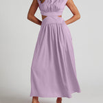 Cap Sleeve Belly-Hollow Pleated Solid Color Stand Collar Maxi Dresses