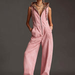Western Retro Pink Faux Suede Sleeveless Leopard Print Hooded Wide-Leg Jumpsuit