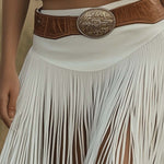 Retro Premium Western Style Brown Belt White Suede Tassel Skirt