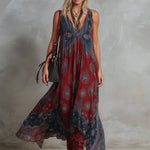 Retro Ethnic Bohemian Print Chiffon Sleeveless Maxi Dress
