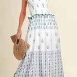 White Floral Print Frill Smocked Bodice Boho Dress