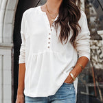 Long Sleeve V Neck Tops Casual Button Down Side Split Knitted Loose Tops