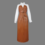 Long Sleeves Skinny Belted Buttoned Split-Joint Lapel Midi Dresses Shirt Dress
