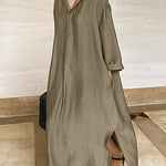 Nadorine Women's Casual Loose Long Sleeve Solid Color V-Neck Summer Maxi Shirt Dress