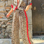 Leopard Print Color Block Short Sleeve Loose Shirt and Elastic Waist Pocket Pants Set