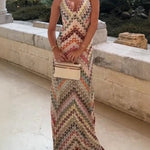 Herringbone Crocheted Print Spaghetti Strap V-neck Camisole Maxi Dress