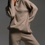 Nadorine Casual Two-Pieces Outfits Lapel V Neck Sweater and Trousers Sets