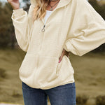 V-Neck Zipper Closure Solid Color Long Loose Hoodie Jacket