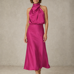 Sabine | Teal Satin Draped Halter-Neck Midi Dress