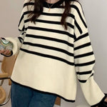 Round Neck Striped Sweater Top Loose Side Slit Pullover Sweater