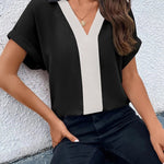 Loose Short Sleeves Contrast Color V-Neck T-Shirts Tops