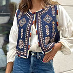 Nadorine Women's Buttonless Retro Ethnic Style Embroidered Vest Sleeveless Cardigan Crop Top