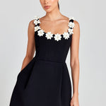 Cindy Faux Pearl Flower Applique Square Neck Pocketed Mini Dress