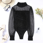Turtle Mock Neck Polka Dot Sheer Mesh Long Sleeve Bodysuits Slim Body Suits Leotard Tops Jumpsuit