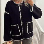 Nadorine Buttoned Crew Neck Loose Color Block Knitted Jacket