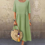 Nadorine Women's Casual Loose Round Neck Cotton Linen Long Dresses with Pockets