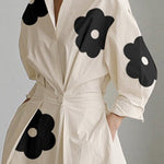Long Sleeves Loose Contrast Color Floral Printed Pleated Tied Waist Lapel Shirt Dress