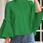 Flared Sleeves Long Sleeves Buttoned Pleated Solid Color Split-Joint Stand Collar Blouses&Shirts Tops