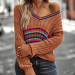 Striped Contrast V-Neck Dropped Shoulder Sweater