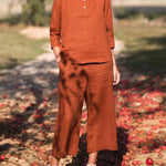 Nadorine Casual Button Long Sleeve Solid Color Round Neck Tops and Pockets Pants Set
