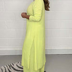 Nadorine Casual Two Pieces Suit V-Neck Long Sleeve Slit Hem Shirt Tops Wide-Leg Pants Sets