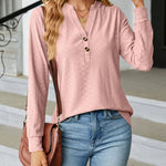 Solid Color V-Neck Buttoned Jacquard Loose-Fitting Long-Sleeved T-Shirt Top